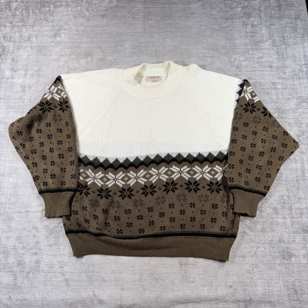 Northwest Territory Sweater Mens Medium Brown Cream Vintage Fair Isle Snowflake